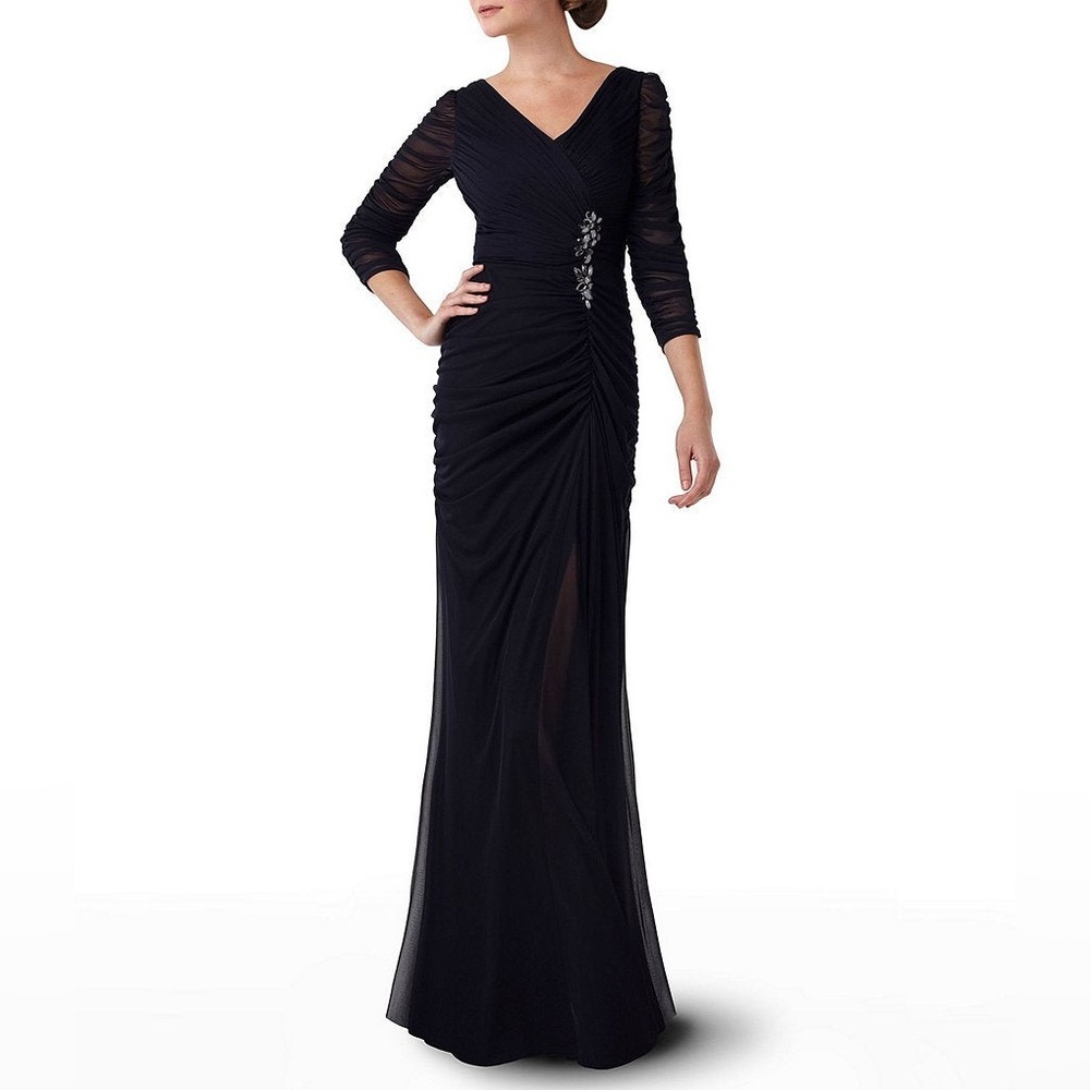 Adrianna Papell Black Sheer Sleeve Embellished Draped Gown